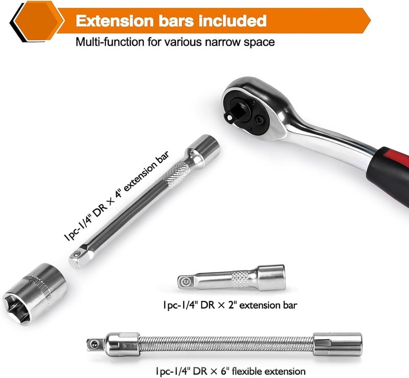 Egofine 46 Pieces 1/4 inch Drive Socket Ratchet Wrench Set, with 72-Teeth Ratchet Wrench, S2 Bit Socket Set, Extension for Auto Repairing and Household, with Storage Case - Image 5